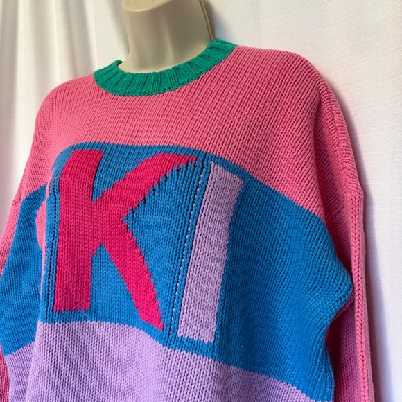 Show Me Your Mumu Oversized Knit Ski Sweater Women’s M Pink Multi Colorblock 80s - Picture 3 of 10